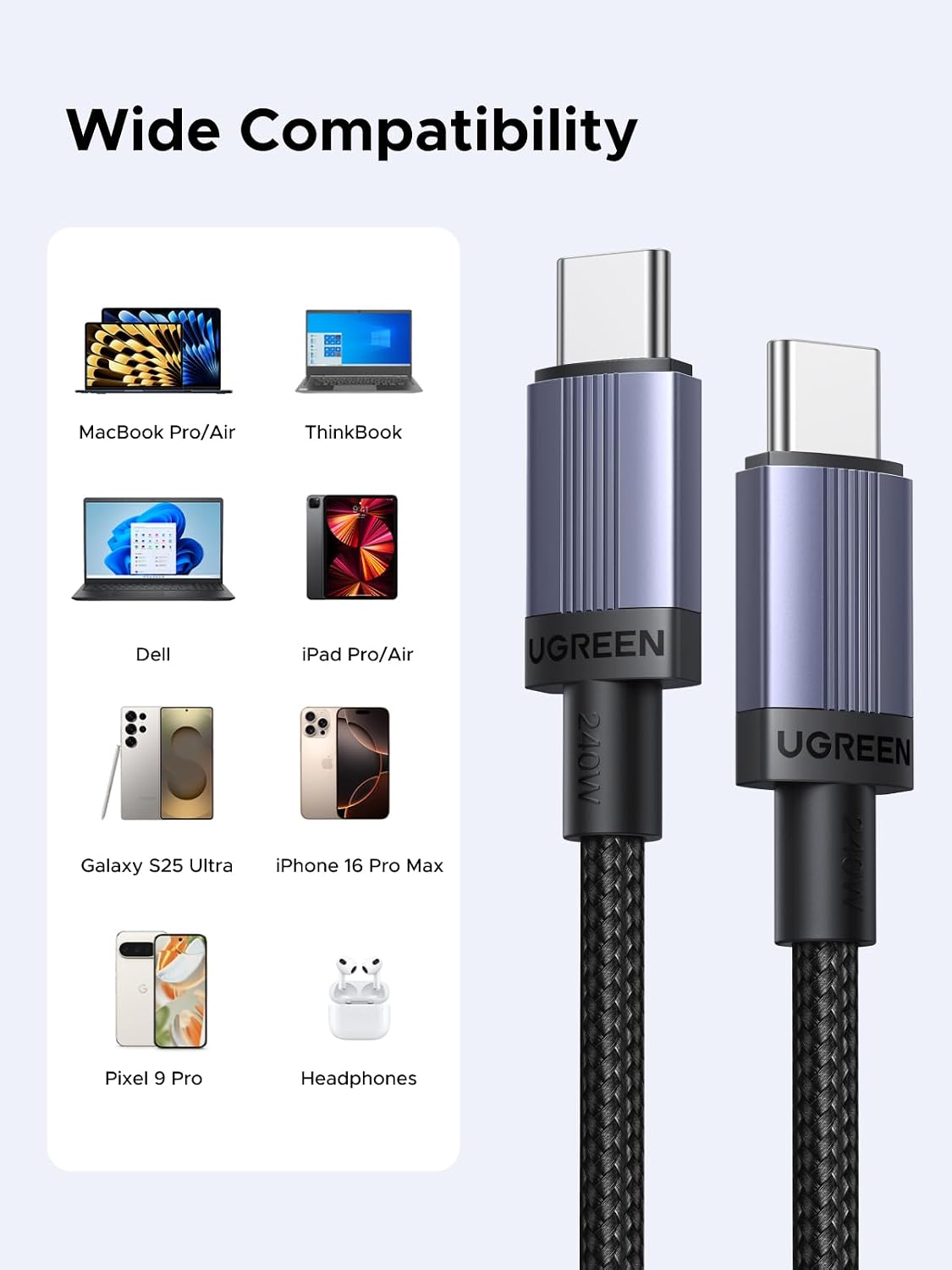 UGREEN 240W USB C Cable 2-Pack, Fast Charging for Laptops & Phones, 6.6FT | Compatible with MacBook Pro/Air, XPS, ThinkBook, iPhone 17/16/15, Galaxy S26/S25, Pixel 10/9, iPad Pro, Steam Deck, Switch