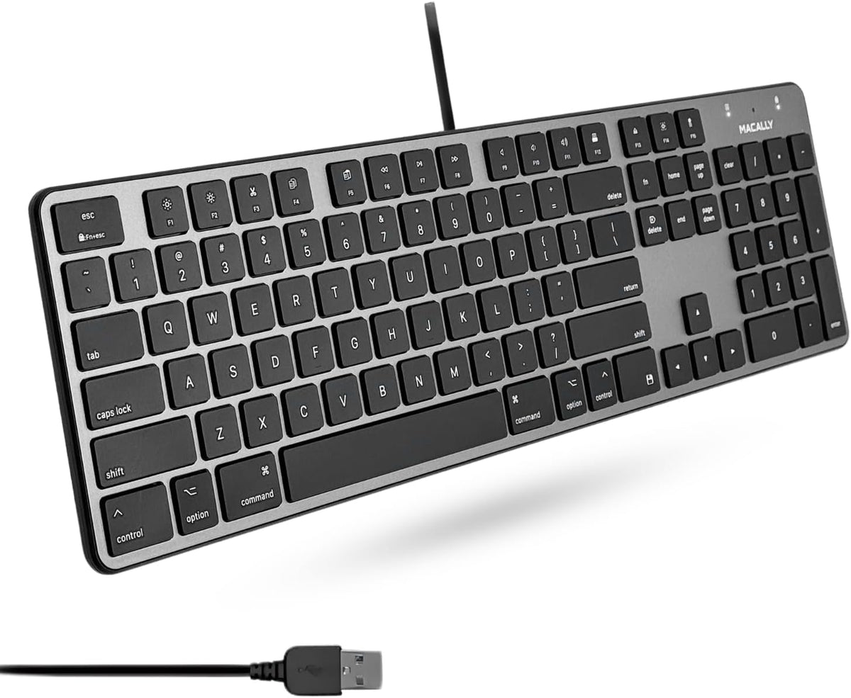 Macally Slim USB Wired Keyboard for Mac and Windows PC - Full Size 104 Key Layout & 16 Shortcut Keys - Scissor Keycaps for Smooth Typing - Mac Wired Keyboard with Numeric Keypad