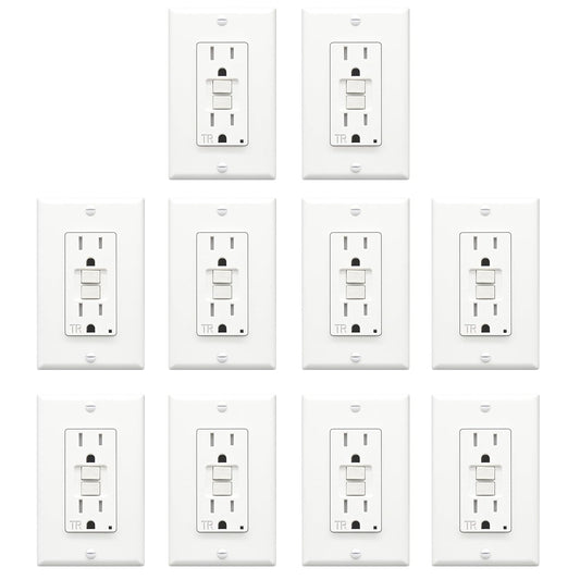ThunderWay GFCI Outlet 15 Amp, Tamper-Resistant Receptacle, Self-Test with LED Indicator, Indoor/Outdoor Use, ETL Listed, Includes Decor Wall Plates and Screws, White, 10 Pack