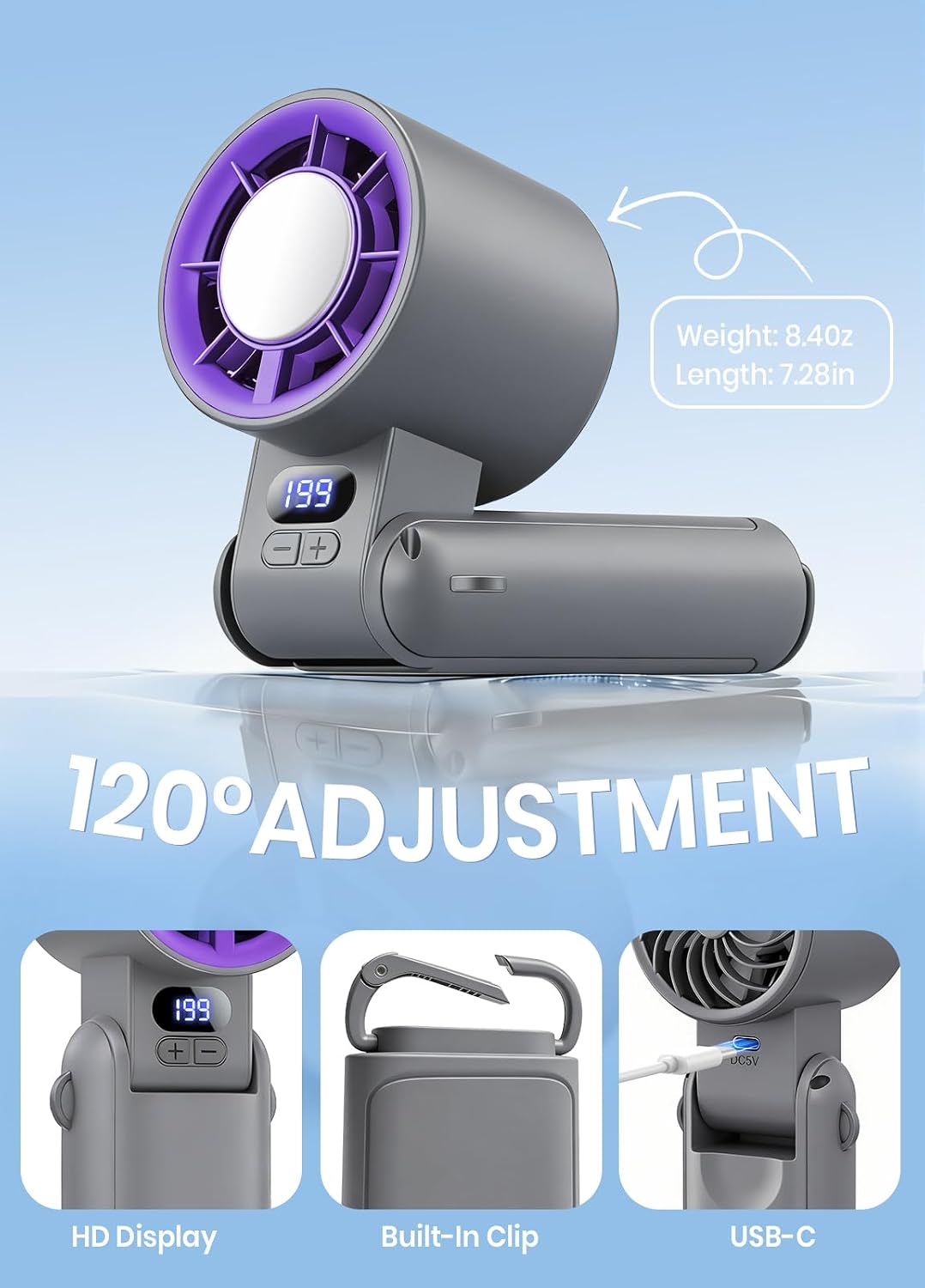 Portable Handheld Turbo Fan, 1-199 Speed Adjustable, Grey Purple | 4 IN 1 Pocket Design with LED Display, High-Power Motor, Rechargeable Battery, Mini Fans for Indoor/Outdoor/Travel/Work