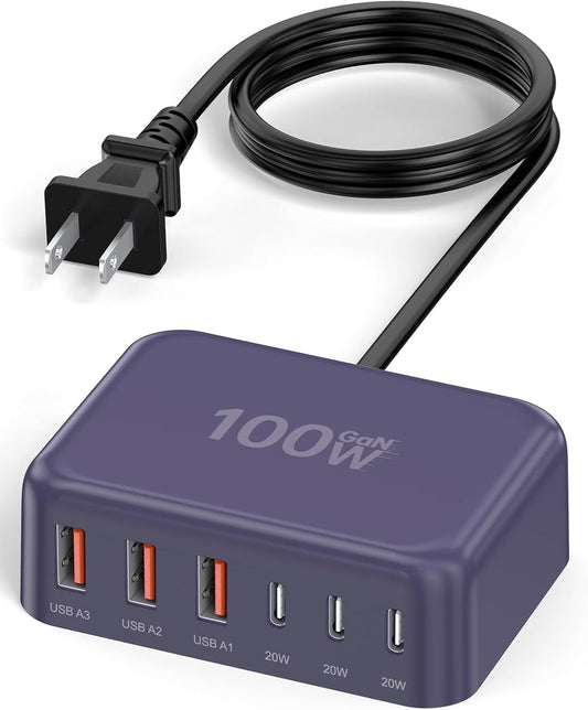 100W 6 in 1 USB Charger, 50% Smaller Charging Station for Multiple Devices