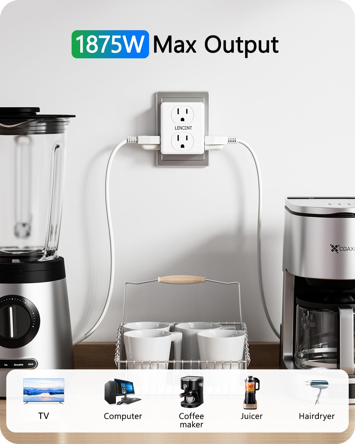 LENCENT 2 to 3 Prong Outlet Adapter, 2 Prong Plug Adapter, 6 Widely Spaced | Outlets Extender, 3-Sided Wall Plug Splitter, 1875W Max, Compact Wall tap for Non-Grounded Outlets in Old House Hotel Dorm