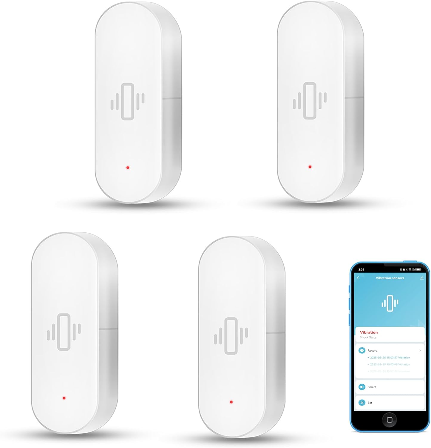Smart Vibration Sensor: Wireless Glass Break Detector, WiFi Door Sensor with App Alerts, Adjustable Sensitivity, Glass Break Security Sensor for Alarm System and Smart Home Automation (1-Pack)