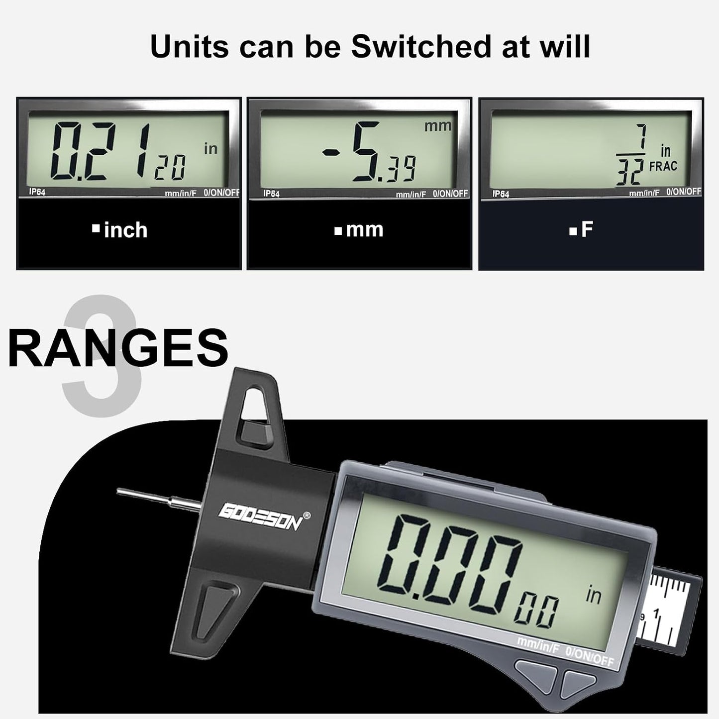 Digital Tire Tread Depth Gauge - IP54 Waterproof, 2.5" LCD Screen, 3 Modes (Fraction/Inch/MM), 1" Range, Auto-Off, Tire Wear Measure Gauge Tool 32nds for Car, Truck & SUV Tires