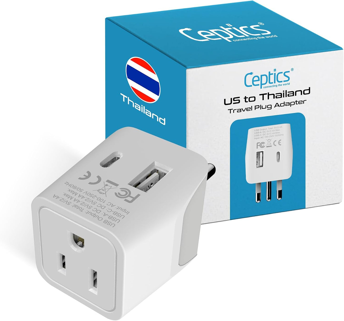 Ceptics Thailand Travel Plug Adapter – Type O Power Adapter with USB-C & A + USA Input – Ultra Compact,3-in-1 Safe Grounded Adapter Plug for Thailand