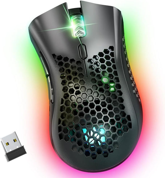 WolfLawS KM-1 RGB Wireless Gaming Mouse with Honeycomb Shell Computer Mouse | 2.4G USB Receiver, 6 Buttons, 3 Adjustable DPI, Rechargeable Ergonomic Mouse for PC Mac Laptop