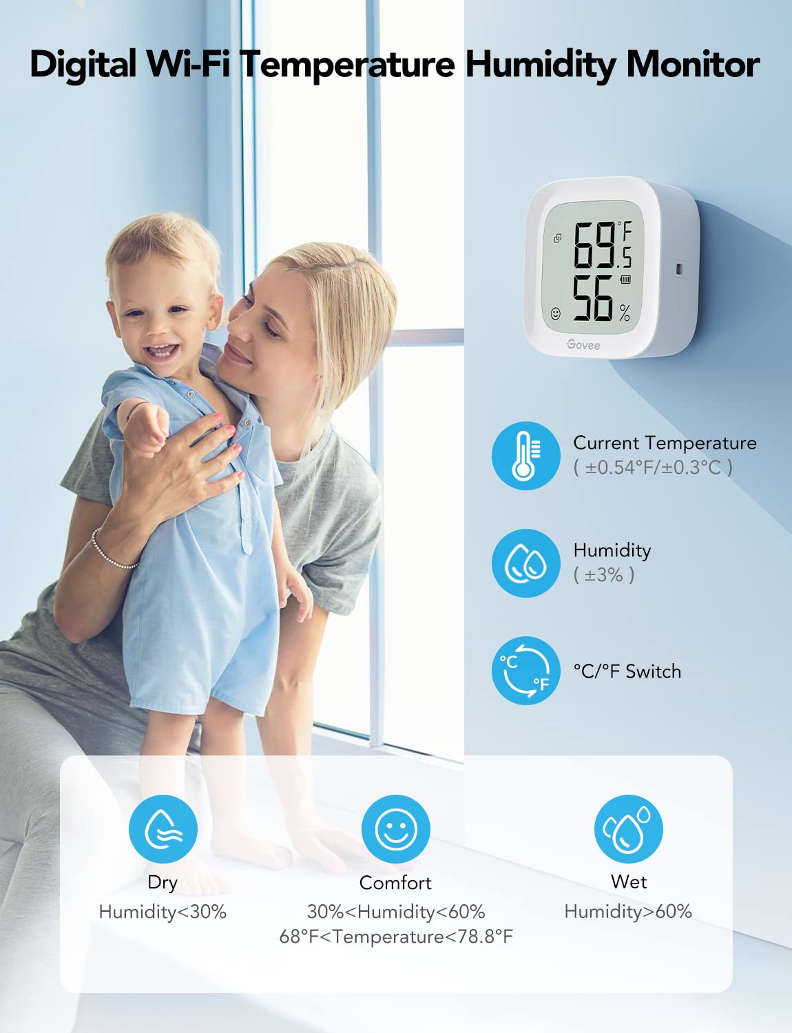 Govee WiFi Thermometer Hygrometer H5103 with Electronic Ink Display | Temp and humidity monitor with alert, 2.4G WiFi & Bluetooth, 2-yr data export. For bedroom, wine cellar, basement