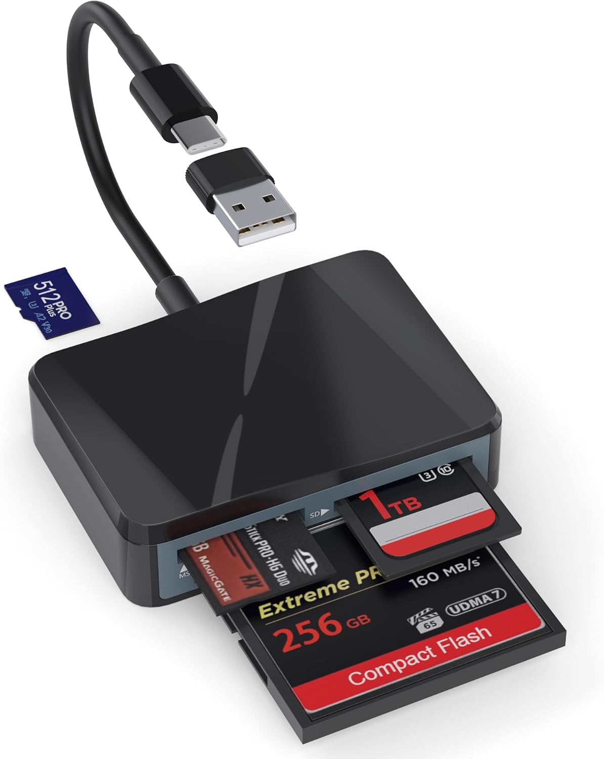 SD Card Reader, 4 in 1 USB C to SD/TF/CF/MS Card Reader with USB to USB C Adapter Memroy Card Reader for iPhone 17/16/15 Pro Max iPad Pro MacBook Pro/Air iMac M4/M3/M2 Android Phone/Tablet PC (Black)