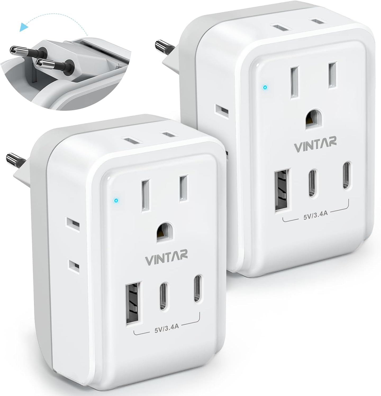 VINTAR 2 Pack European Travel Plug Adapter, 7 in 1 Type C Foldable Plug | 4 AC Outlets 3 USB Charging Ports(2 USB C), International Power Adapter for US to Most Europe EU Italy Spain France Iceland