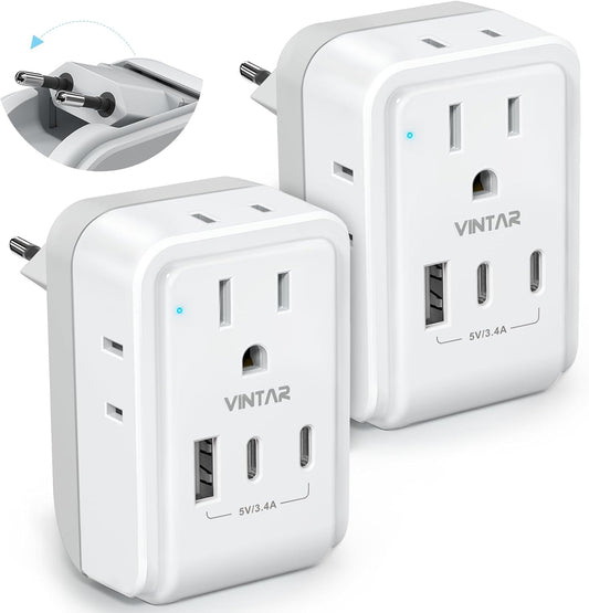 VINTAR 2 Pack European Travel Plug Adapter, 7 in 1 Type C Foldable Plug | 4 AC Outlets 3 USB Charging Ports(2 USB C), International Power Adapter for US to Most Europe EU Italy Spain France Iceland