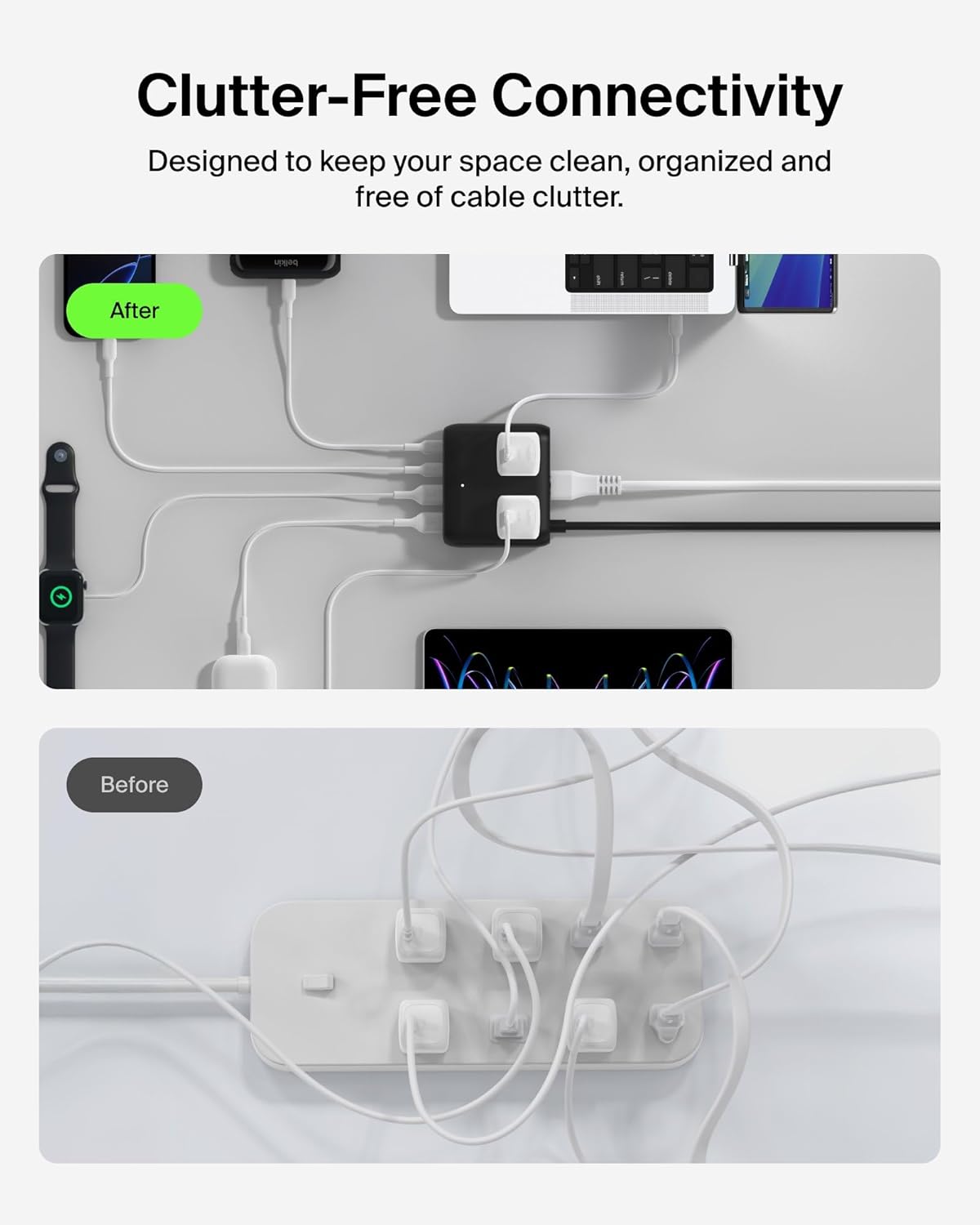 Belkin 70W GaN 7 in 1 Charging Station, 3X AC, 2X USB A, & 2X USB C Ports | Power strip, dual USB-C charger, iPhone 17/16/15, Apple Watch, iPad, MacBook, Samsung Galaxy S26, Pixel 10
