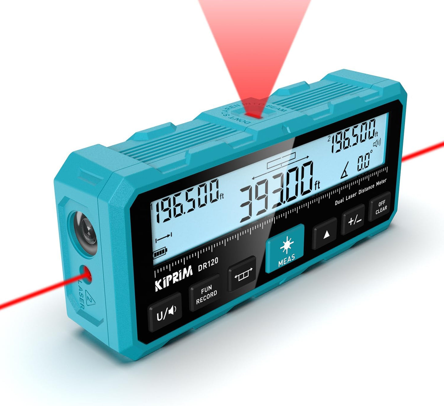 Kiprim DR120 Dual Laser Distance Meter, 393ft/120m, Bidirectional Laser | Bidirectional emission dual laser rangefinder with vertical marking line & electronic level. Supports M/Ft/in unit switching