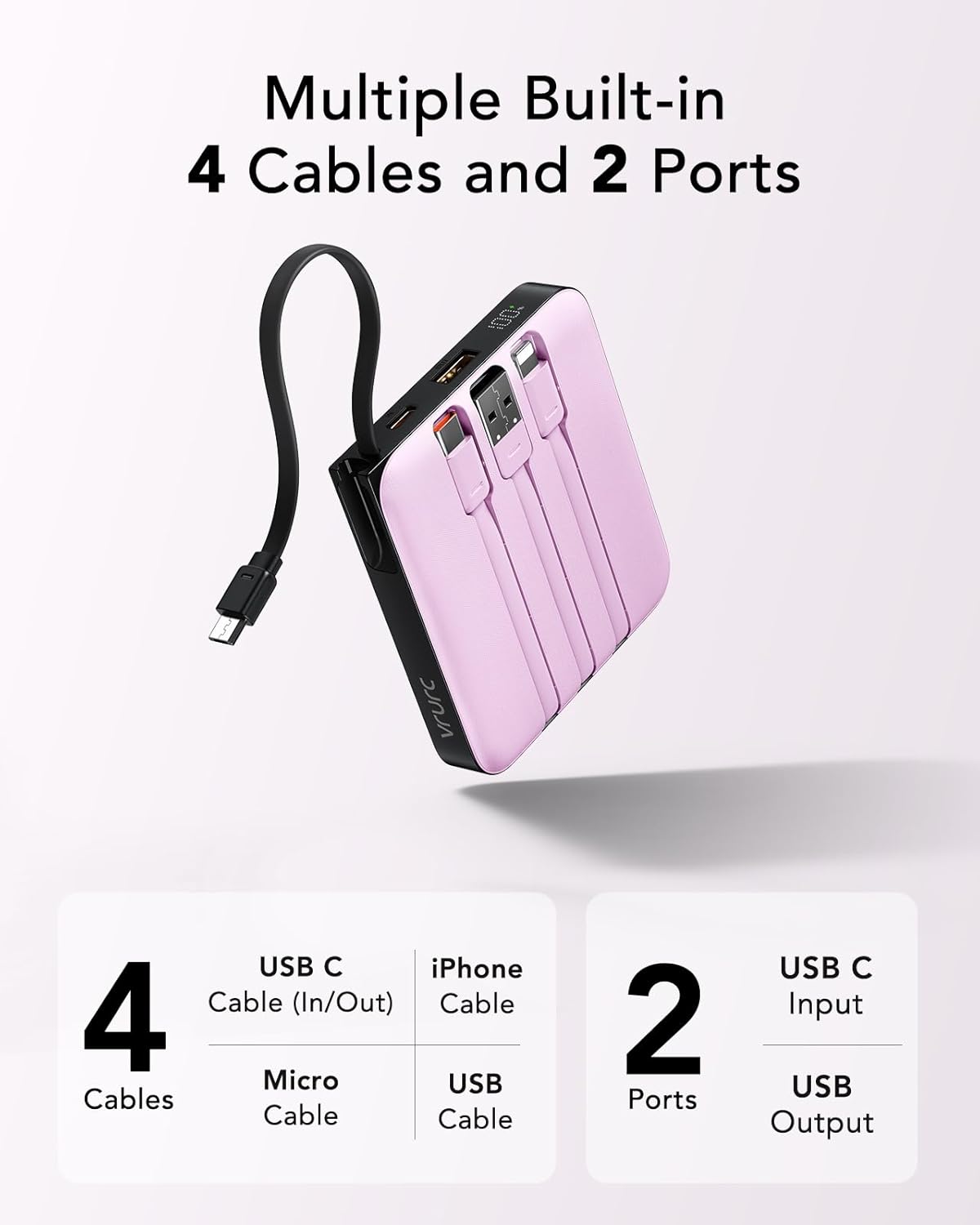 VRURC Portable Charger 10000mAh Battery Pack, Cell Phone Power Bank, Purple | Built-in Cables, 22.5W Fast Charging, Slim, Travel Essentials, Airline-Approved, for iPhone 17/16/15 Series, Samsung Android