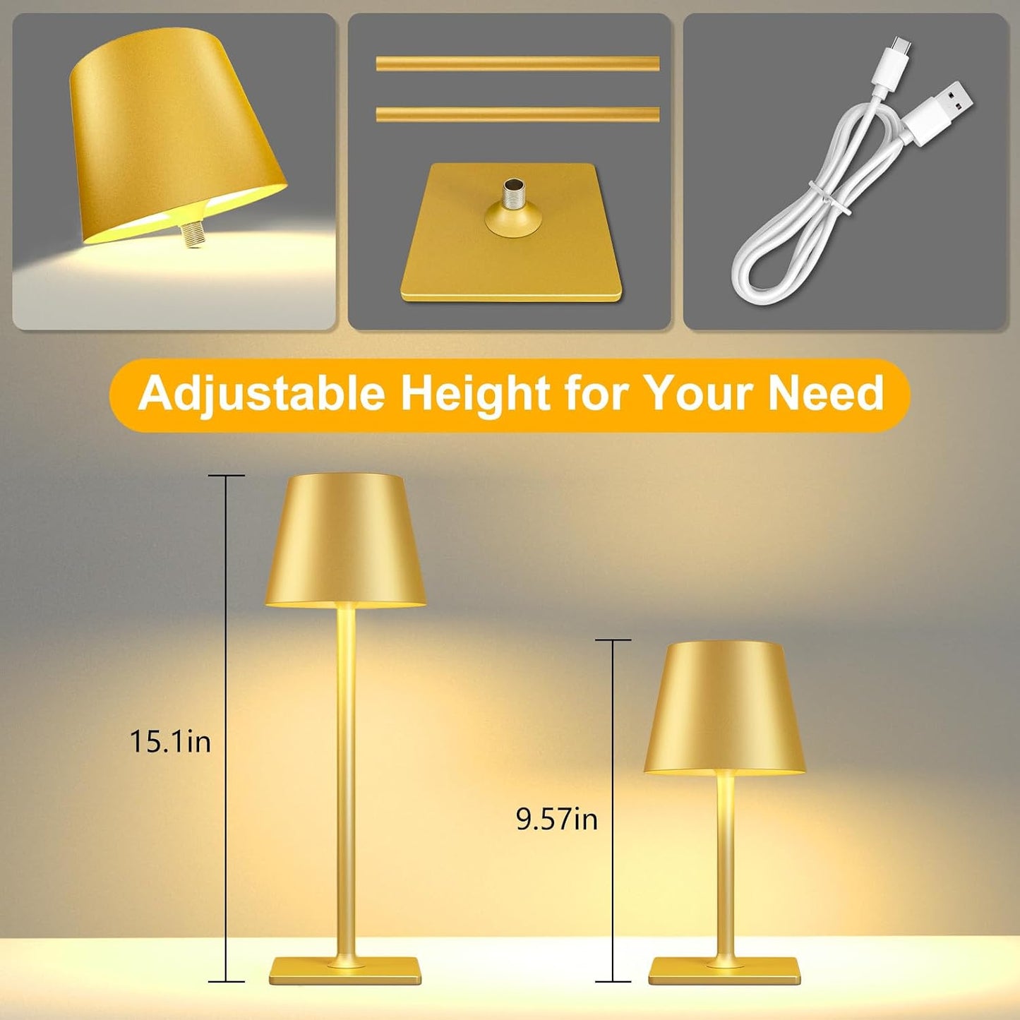 Yogaret Gold Rechargeable Cordless Table Lamp, Battery Operated, 2 Pack | 6000mAh battery lamps waterproof wireless portable design for outdoor patio, dining tables, kitchens, restaurants home bar