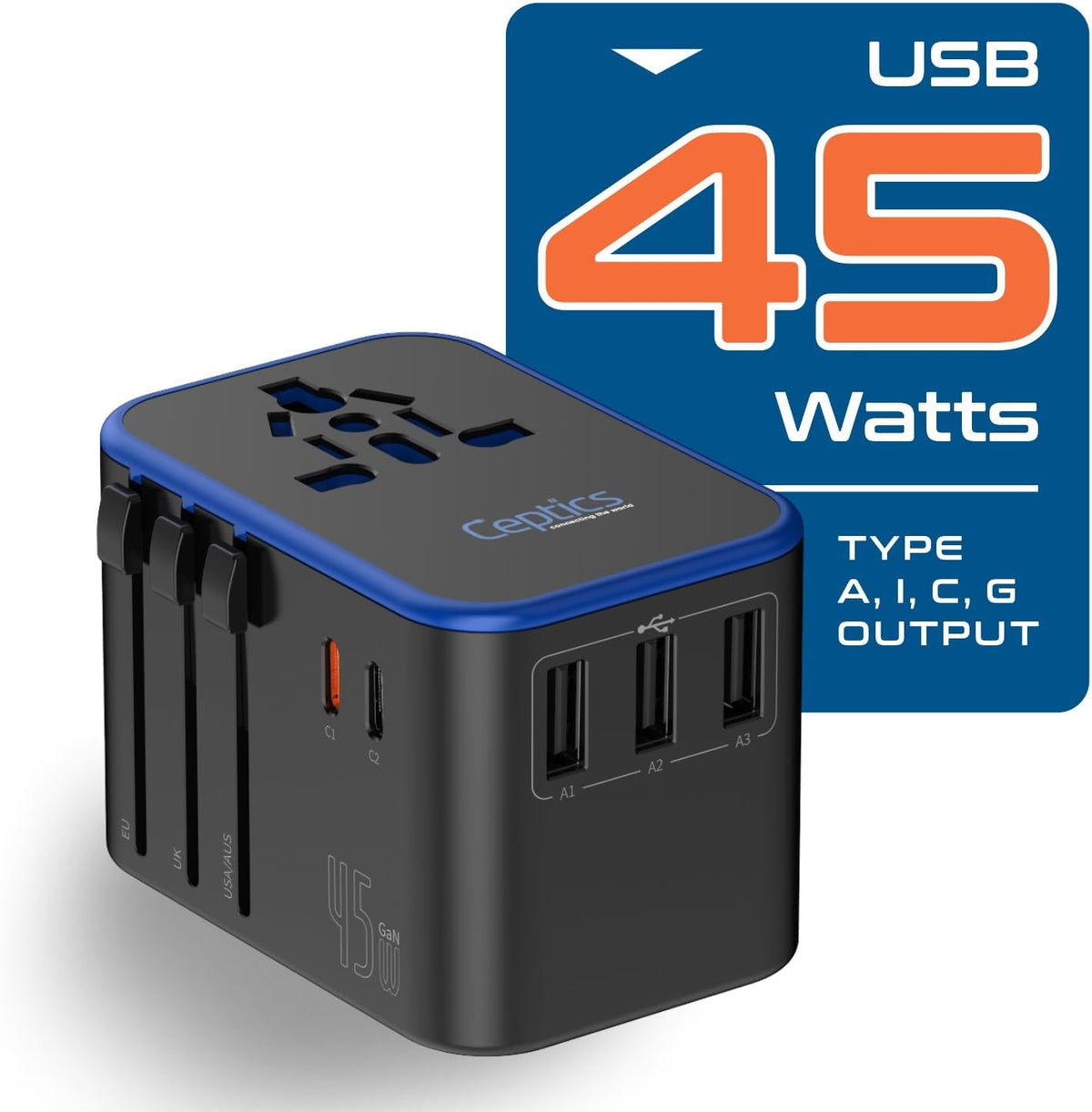 Ceptics Universal Travel Adapter, 45W International Power Adapter with PD & QC 3.0 Dual USB-C, 3 USB Travel Adapter Worldwide, Type I C G A Outlets - EU Euro US UK (11-KU)