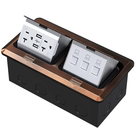 Dual Pop-Up Floor Electrical Outlet Box Kit，20 Amp Stainless Steel USB TR Receptacle Outlet，3-Port RJ45 Datacom Receptacle， ETL Listed, Bronze