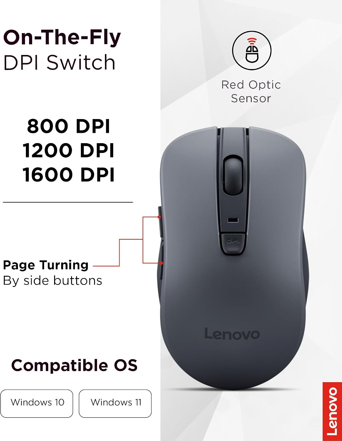 Lenovo WL310 Bluetooth Silent Mouse, Ergonomic, Adjustable DPI, Silent Clicks, Bluetooth 5.0, Portable for Windows, Mac, and Chromebook, Grey