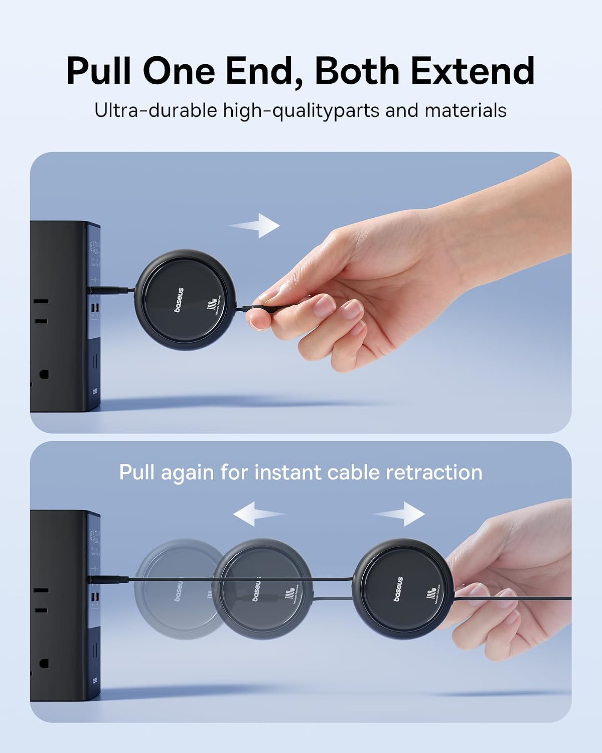 Baseus USB C to USB C Cable, 100W Retractable USB C 5A Fast Charging Cable, 4-Stage Length Preset USB Type C Charger Cord for iPhone 17 16 Pro Plus Pro Max, MacBook, iPad, Samsung S24/S23+ (3.3ft)