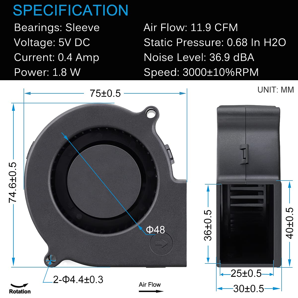 GDSTIME 75mm x 30mm 5V USB Blower Fan with 3 Speed Controller DC Brushless | 7530, Small Turbine Centrifugal Fans, for NAS, Helmet, Vivarium, Laptop, Amplifier, Raspberry Pi Cooling Ventilation