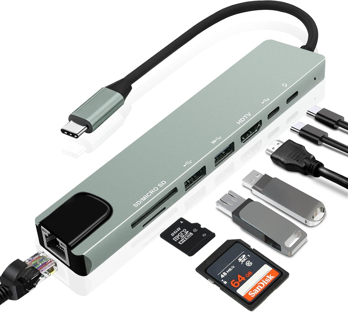 8-in-1 USB-C Hub, Multi-Port Adapter for Laptops, 4K@60Hz HDMI, 85W Power Delivery, 3X USB-A 3.0 & USB-C Data Ports, SD/TF Card Reader, for Type-C Devices (Charger Not Included)