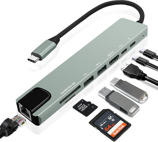 8-in-1 USB-C Hub, Multi-Port Adapter for Laptops, 4K@60Hz HDMI, 85W Power Delivery, 3X USB-A 3.0 & USB-C Data Ports, SD/TF Card Reader, for Type-C Devices (Charger Not Included)