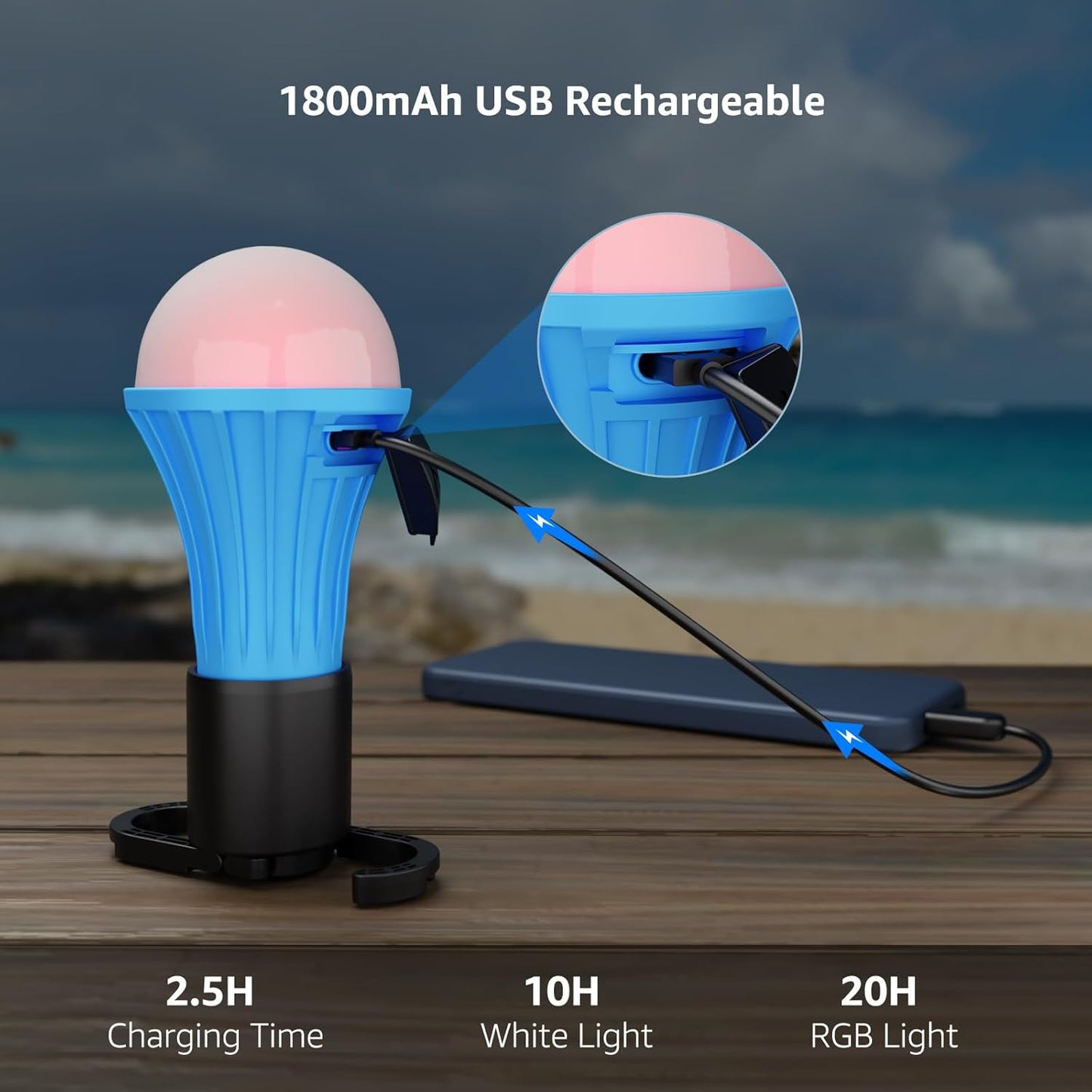 Lepro LED Rechargeable Camping Lantern with 7 RGBW Light Modes, 2Packs | Portable Tent Lights, Camping Essentials, Hanging Light Bulbs with Clip Hook for Camping, Emergency, USB Cable Included