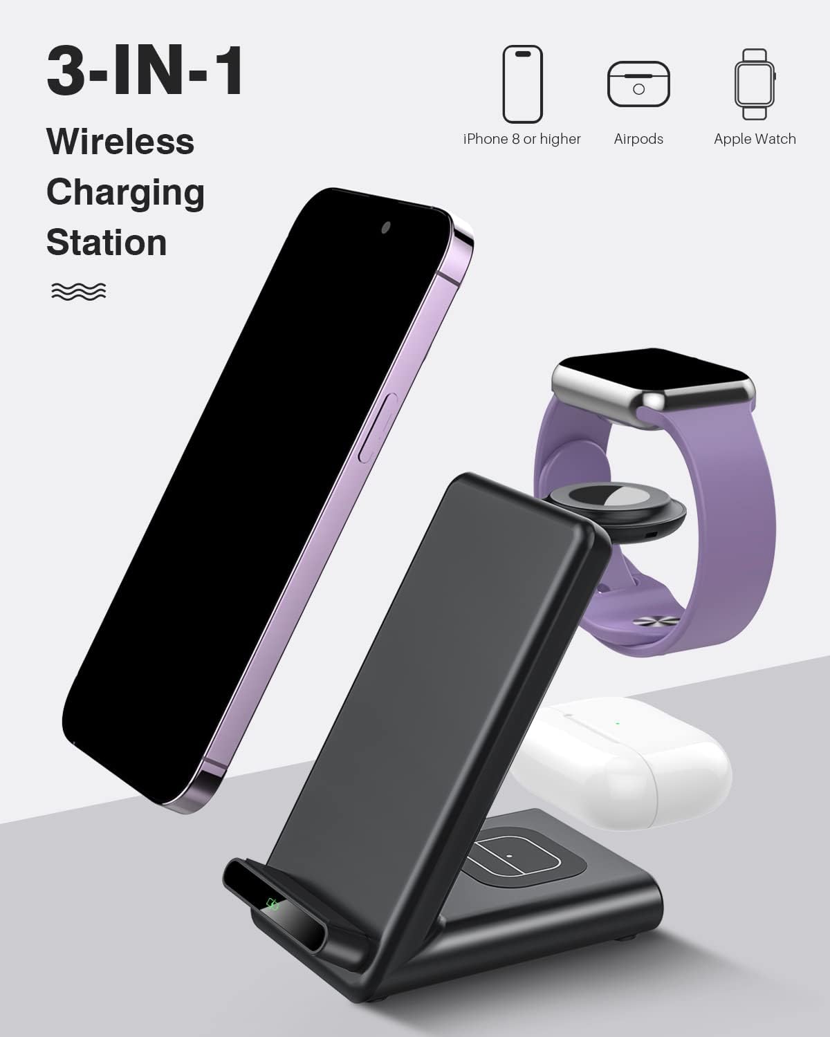 Wireless Charging Station,3 in 1 Charging Stand for Apple Multiple Devices | Fast Wireless Charger for Apple Watch Ultra 11 10 9 8 7 6 SE 5 4 3, for iPhone 17/Air/16/15/14/13/12,for AirPods Pro (Black)