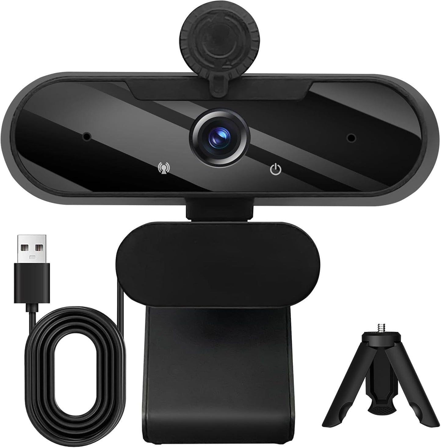 HD 1080P Webcam with Built-in Microphone and Rotatable Tripod, 1080P Video and Wide Angle Camera, Privacy Cover, for Desktop PC or Laptop Computer （Black）