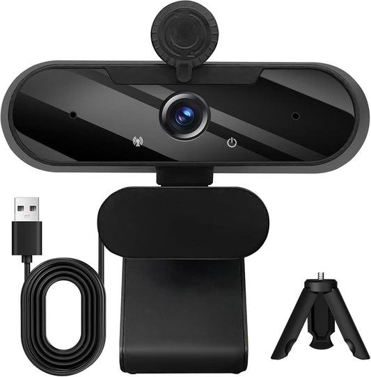 HD 1080P Webcam with Built-in Microphone and Rotatable Tripod, 1080P Video and Wide Angle Camera, Privacy Cover, for Desktop PC or Laptop Computer （Black）