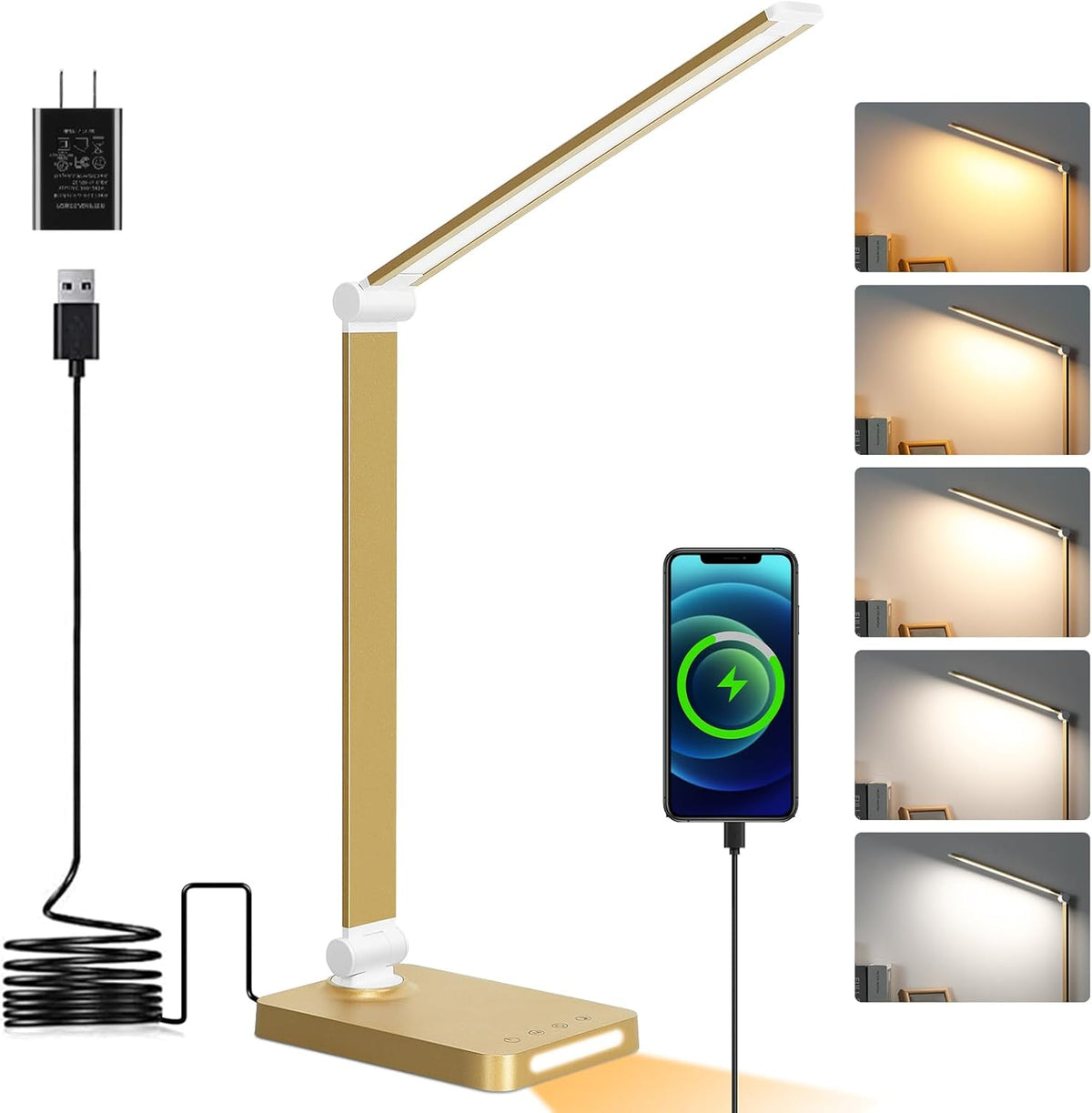Dott Arts LED Desk Lamp with USB Ports,Touch Desk Lamps for Home Office with 5 Color Modes,3 Brightness Desk Light with Small Night Light,Reading Lamp Table LED Lamp for Bedroom Bedsid Study Sliver
