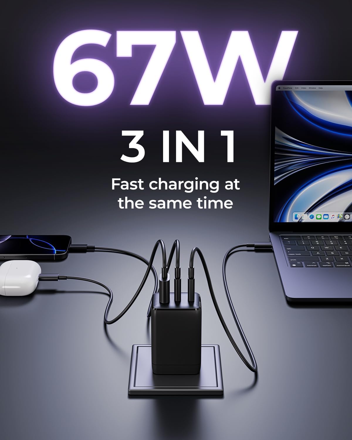 67W USB C Charger, 3-Port GaN Fast Charging Block with Foldable Plug, Compatible with MacBook Pro/Air, iPad Pro, iPhone 16/15/Pro, Galaxy S25/S24, Note20, Pixel, Apple Watch, (Black)