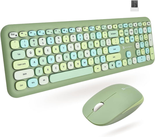 X9 Green Wireless Keyboard and Mouse Combo – 2.4G and Bluetooth Connectivity, Retro Typewriter-Style Wireless Keyboard and Mouse Set, Colorful Bubble Keyboard for Aesthetic Workspaces