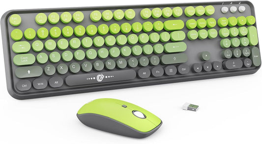 Wireless Keyboard and Mouse Combo | Cute Colorful Keyboard and Mouse with 2.4GHz Cordless Retro Typewriter Keyboard | Auto-Sleep | USB Receiver for Windows PC/Laptop - Grey Green Gradient