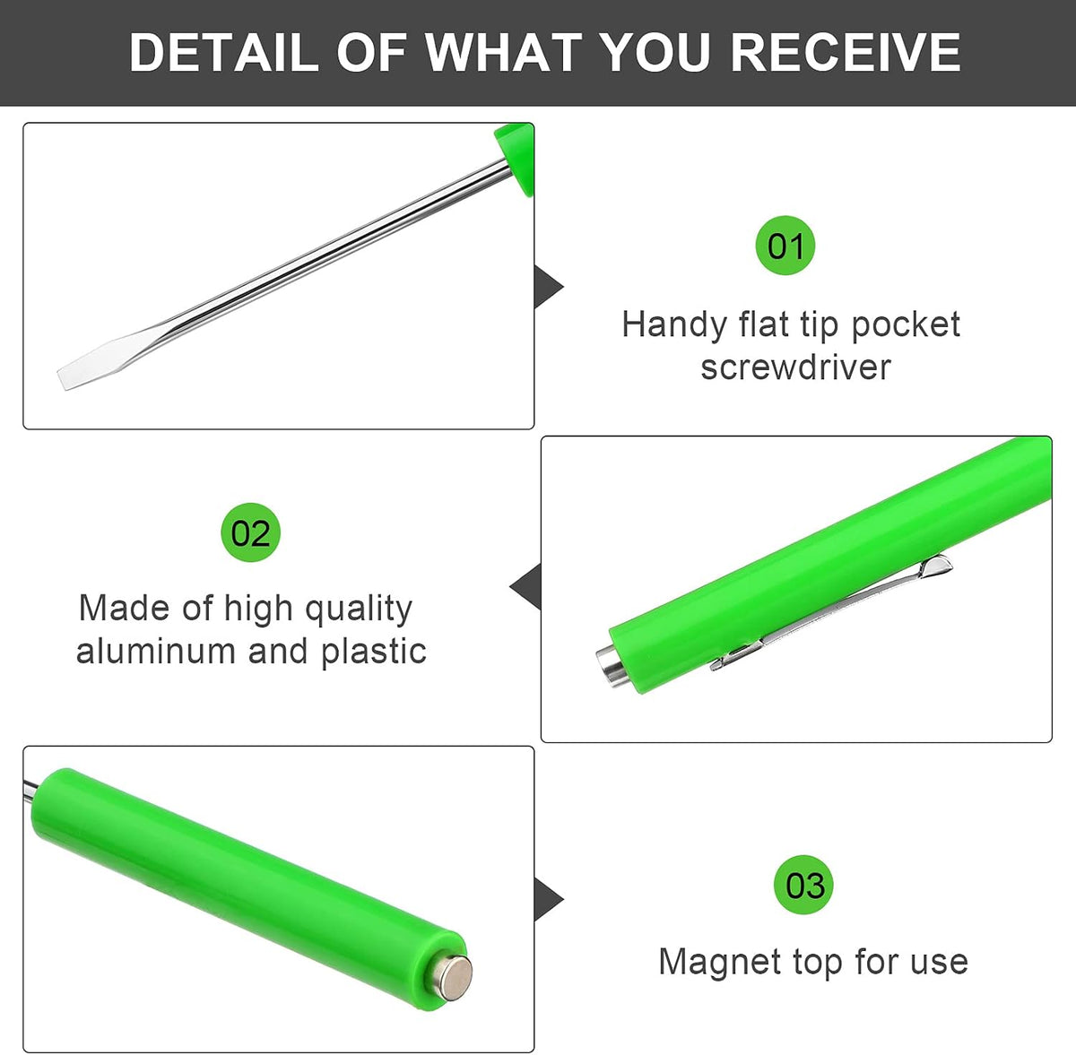 Honoson 10 Pcs Pocket Screwdriver Magnetic Mini Slotted Flathead, Green | Small Slotted Tool with Pocket Clip, Single Blade for Electrician Mechanical Work, Portable Mini Set for Quick Repairs