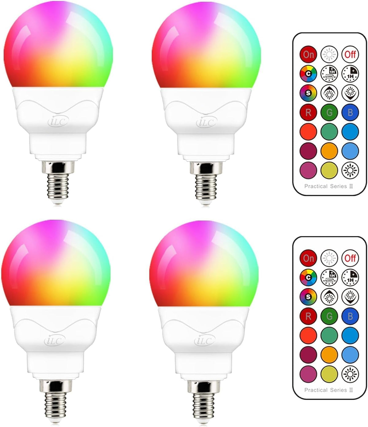ILC E12 LED Light Bulbs (40w Equivalent) 5W, Color Changing RGB, 5700K Daylight White, Small Base Candelabra Round Light Bulb, A15 Candle Base, 12 Colors 2 Modes Timing with Remote Control (4 Pack)