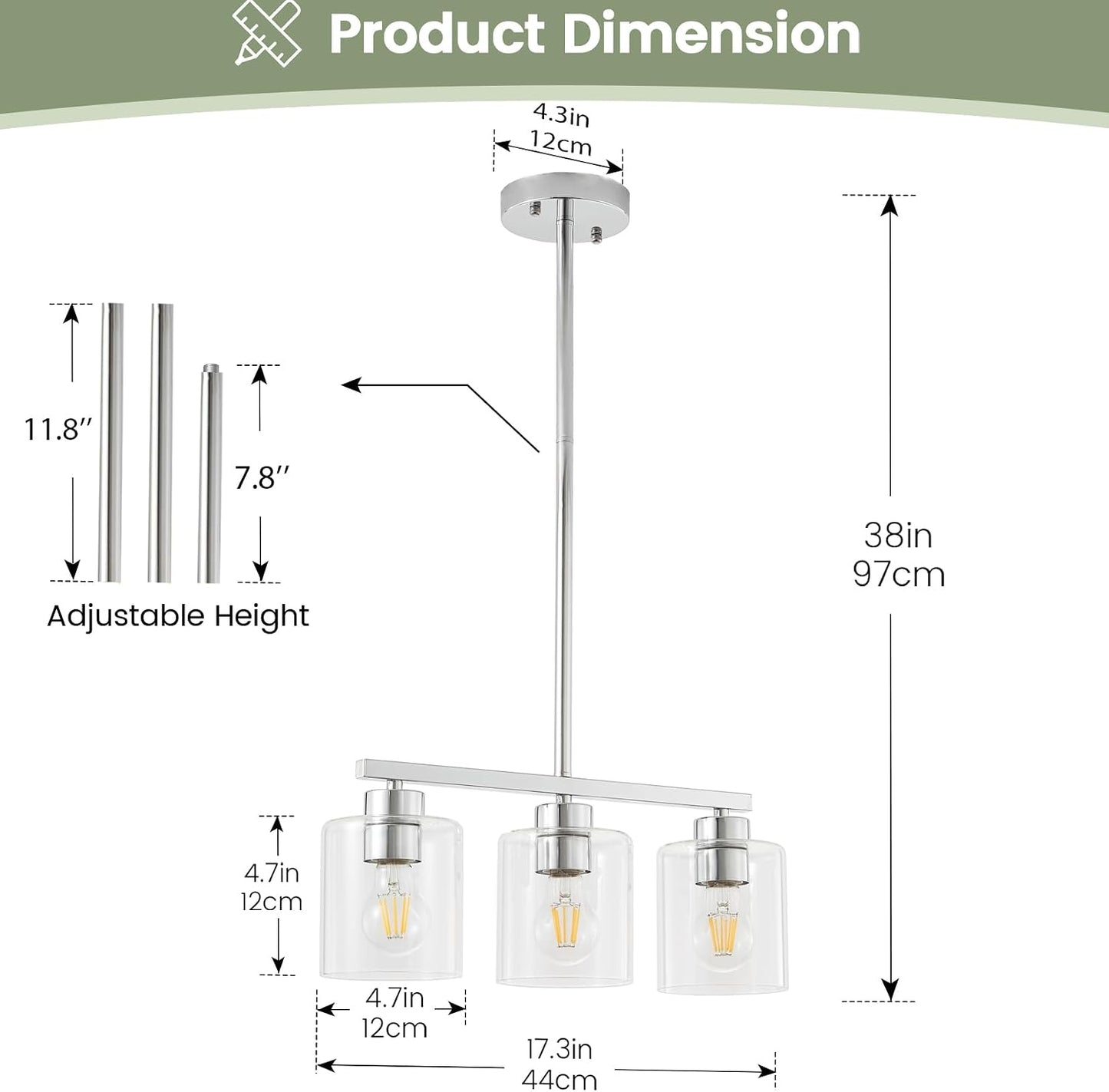 3-Light Silver Kitchen Island Lighting, Silver Pendant Light Fixture, Farmhouse Dining Room Light Fixtures Over Table, Modern Hanging Light Fixtures with Clear Glass, E26 Base