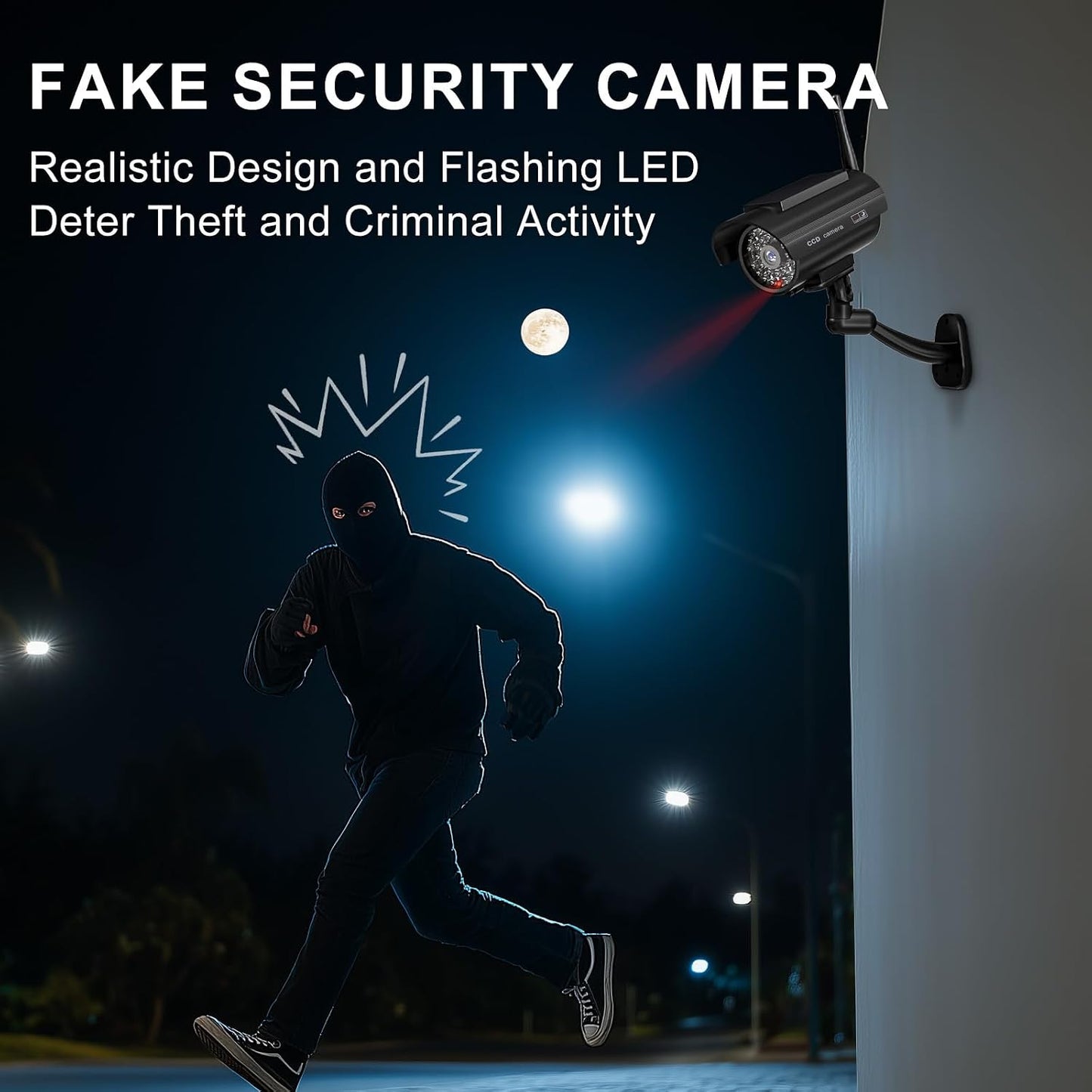 WALI Dummy Fake Camera, Solar Powered Fake Security Camera with LED Light, Simulated Surveillance Security CCTV Dome Cameras with Antenna and Warning Sticker Indoor Outdoor (SOL-TCB2), 2 Packs, Black