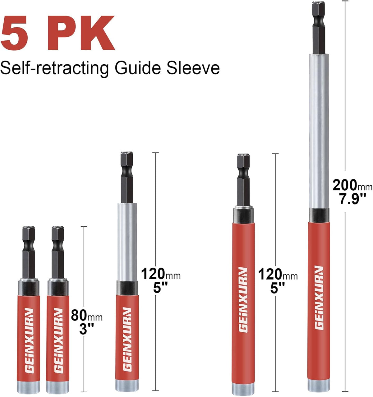 5 PCS Drive Guide with Self Retracting Sleeve, Mixed Length Magnetic Drill Bit Tip Holder for Prevent Screws Shaking When Driving