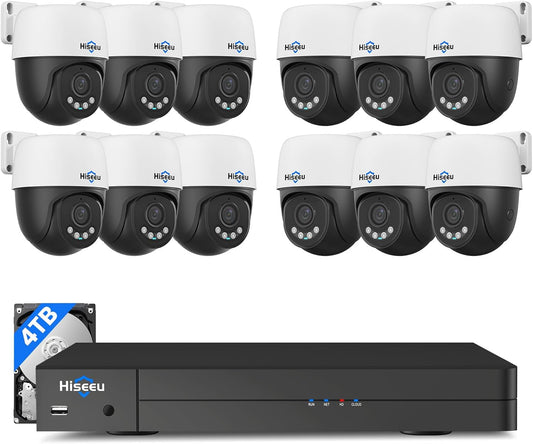 【360°View】 Hiseeu 12MP PoE NVR, 12 Pcs 5MP PoE PTZ Cameras