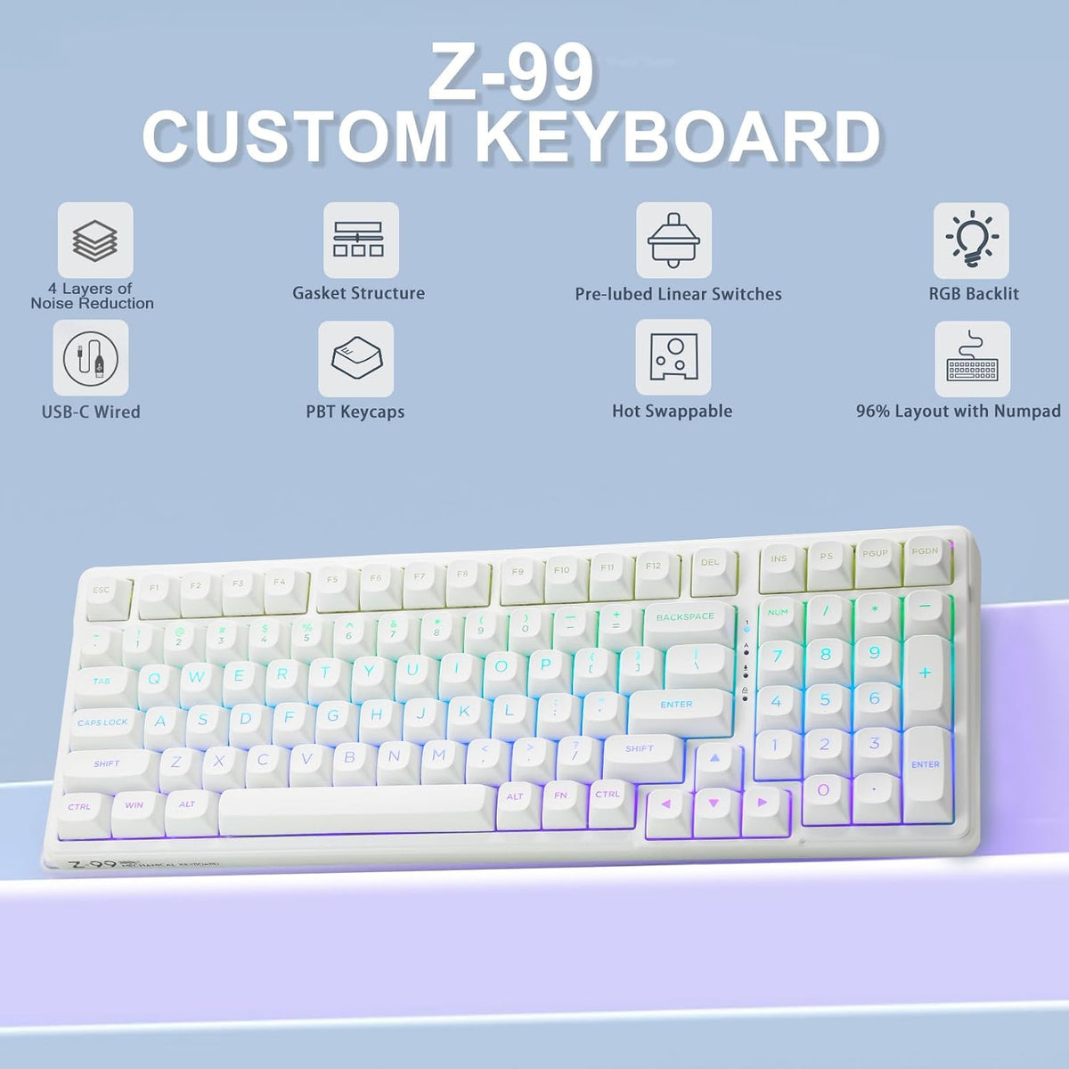HUO JI E-Yooso Creamy Mechanical Keyboard Wired, RGB Backlit, White | Hot Swappable, Pre-lubed Linear Switches, Gasket Structure, Sound Dampening Foam, 99 Keys Custom Gaming Keyboard for PC/Mac