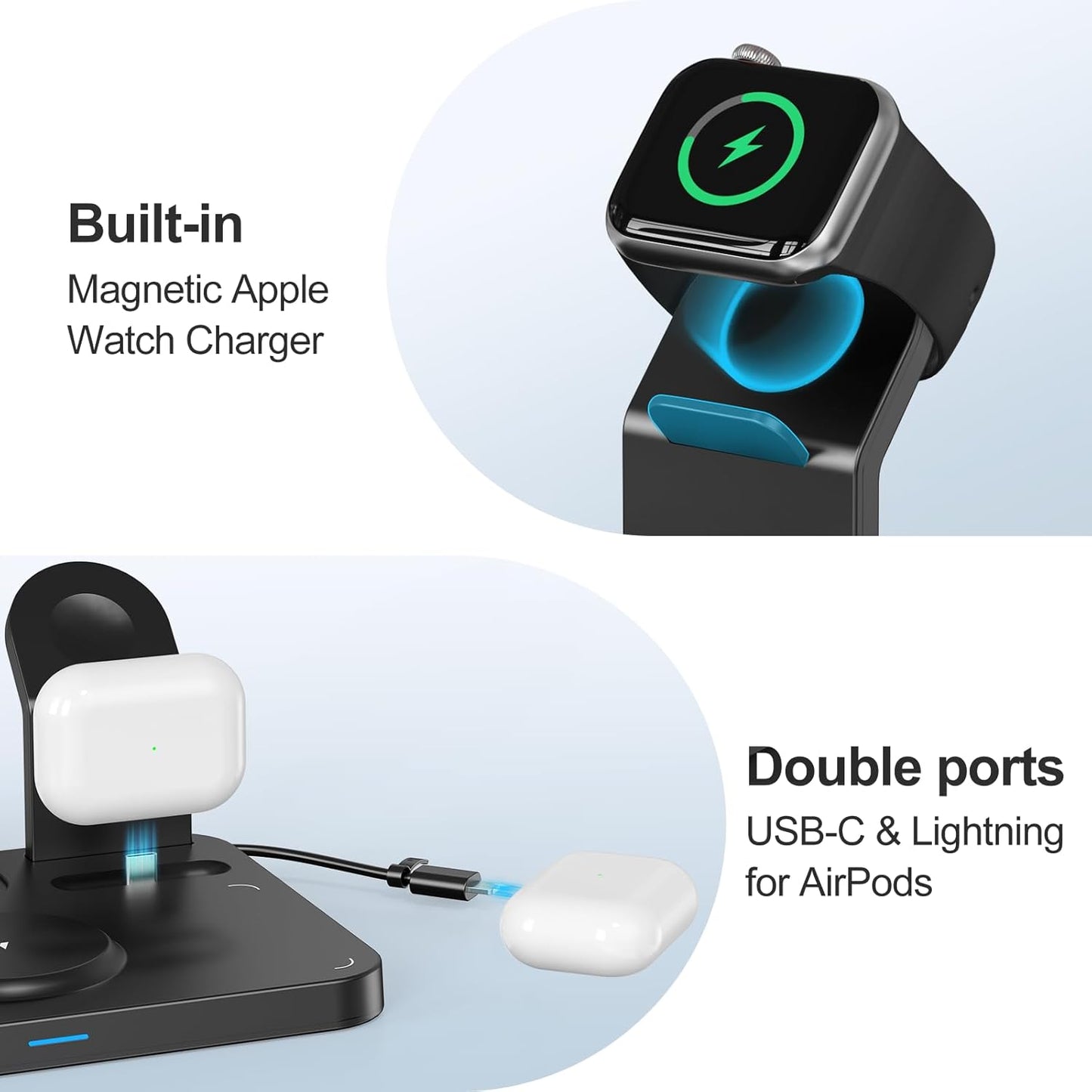 ANJANK Wireless Charging Station,5 in 1 Multiple Charger Stand with Alarm Clock,7 Night Light,Magnetic Charging Dock for iPhone 17 16 15 14 13 12 Pro Max Plus,Apple Watch 11/10/9/8,for Airpods,Bedroom