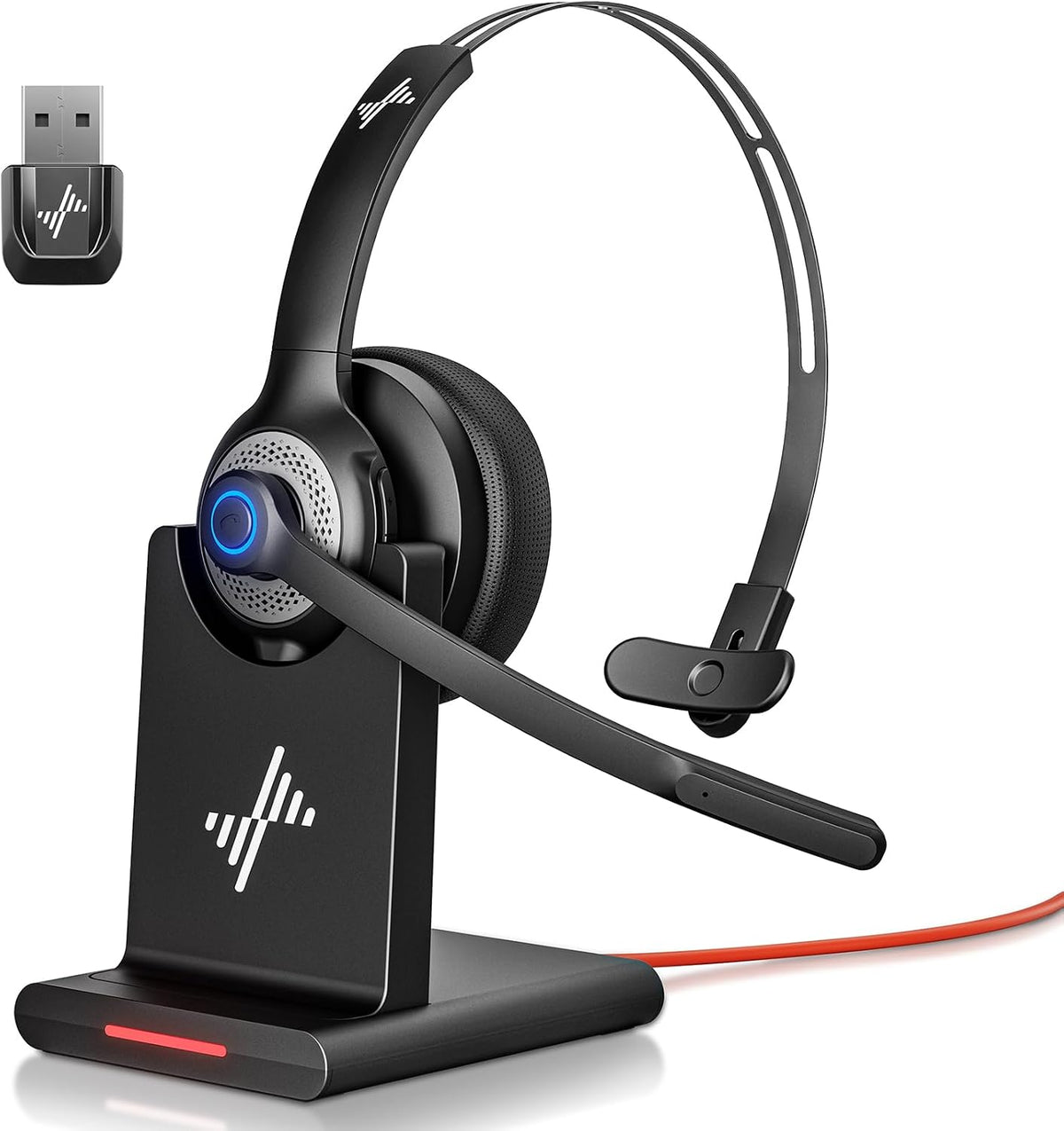 JIAMQISHI Bluetooth Headset - Wireless Headset with Noise Cancelling Microphone, V5.2 Computer Headphones with USB Dongle, Charging Base & Mic Mute for Work/Call Center/PC/Laptop/Online Class/Zoom