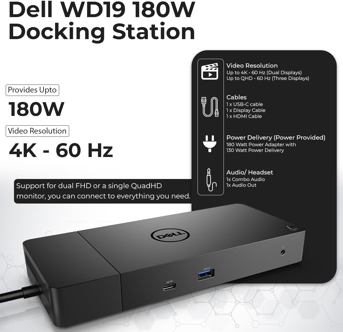 WD19 Dell Docking Station Dual Monitor - USB-C Dock with 180W Adapter, HDMI, DisplayPort, USB-C Cables - Dell Laptop Docking Station (Renewed)