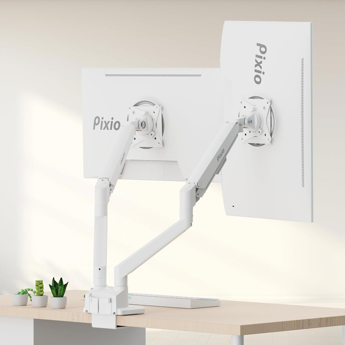 Pixio PS1D Wave White Dual Monitor Arm Stand Desk Mount - Fits up to 32 inches Monitors and up to 19.8lbs. VESA Compatibility and Integrated Cable Management
