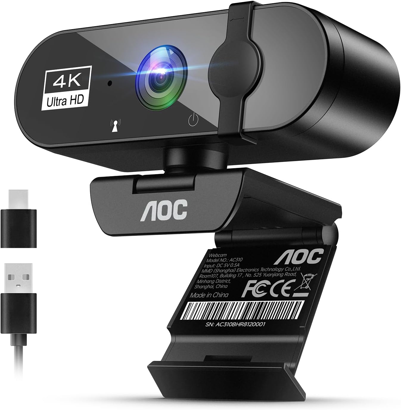 AOC 4K Webcam for PC, Streaming Computer Camera with Noise-Canceling Mic | 90° FOV, Privacy Cover, Plug & Play, Zoom/Skype/FaceTime Compatible, Works with Mac/Laptop/Switch 2, USB C-A Adapter Included