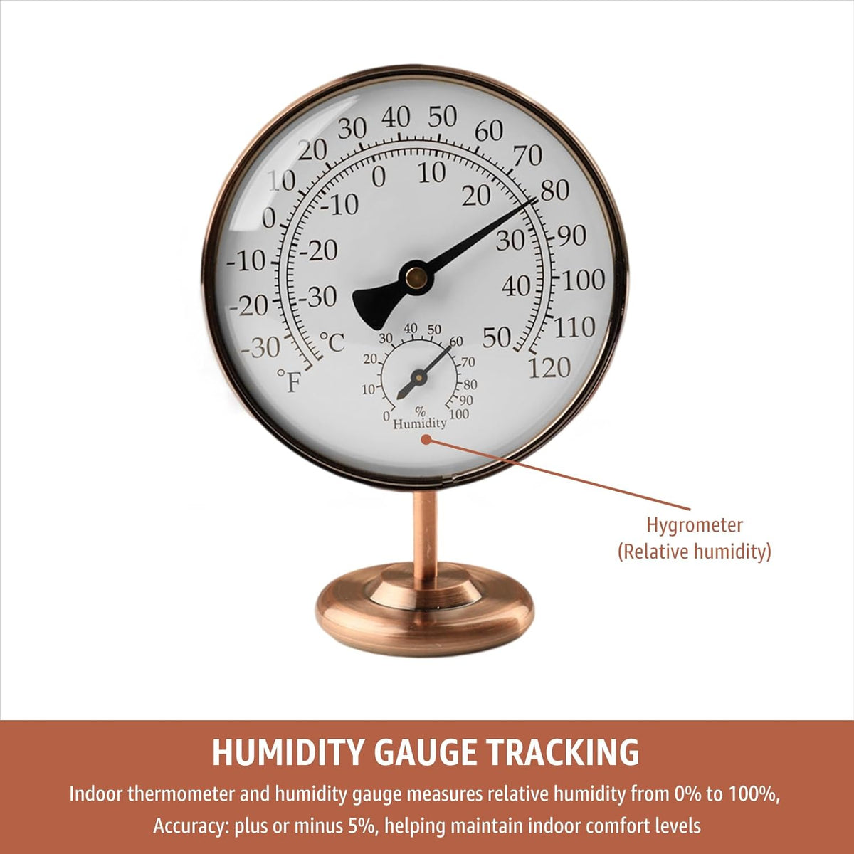 4" Indoor Thermometer & Humidity Gauge, Brass Dial with Stand