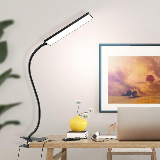 Vansuny Clip on LED Desk Lamp, Eye-Caring USB Reading Light for Home Office | 3 Color Modes,6 Brightness Levels,Adjustable Gooseneck,Sturdy Metal Clip,5W Black,Fits Dorm Bed, Monitor Side & Narrow Spaces