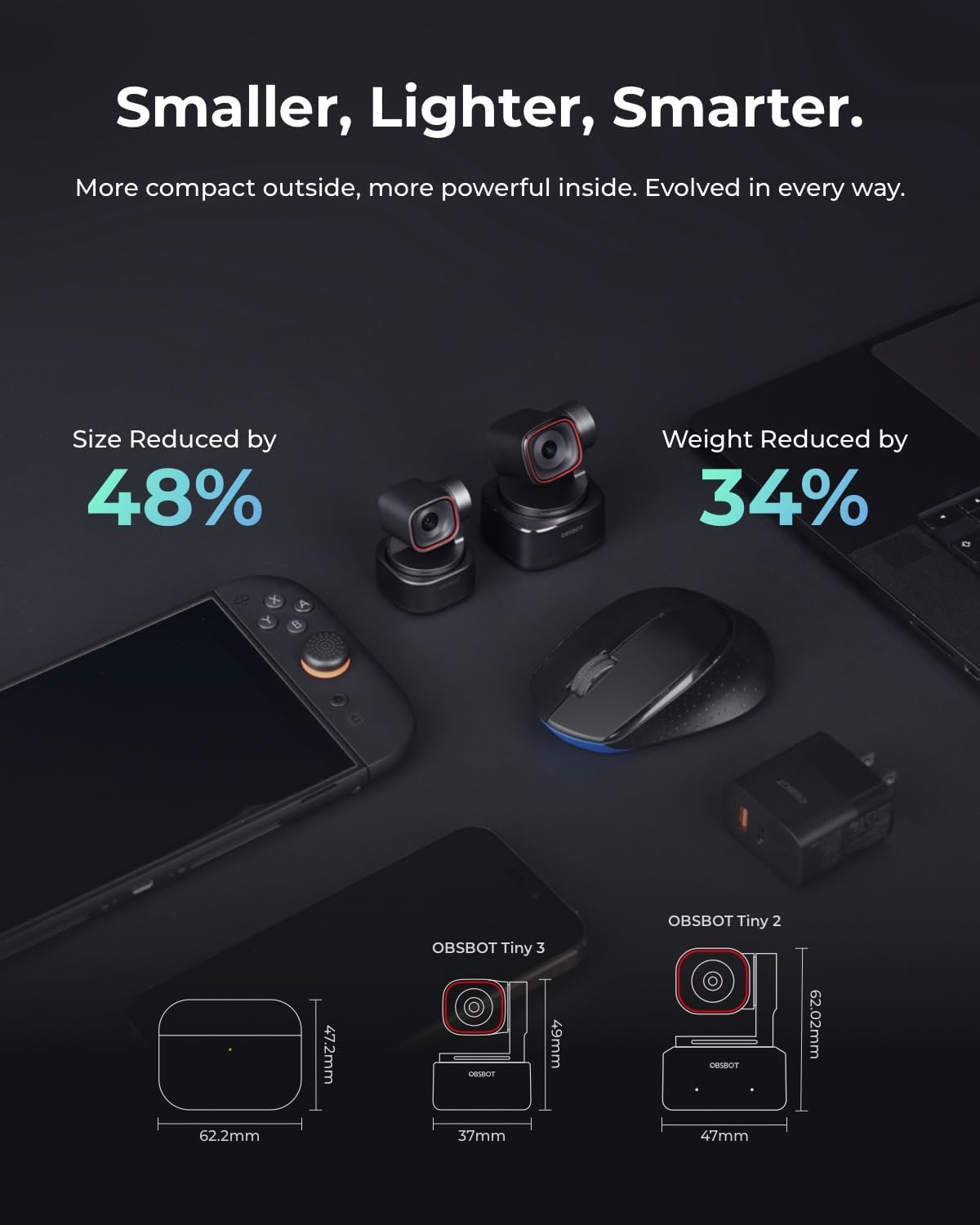 OBSBOT Tiny 3 AI-Powered Spatial Audio 4K Webcam, AI Tracking PTZ Camera | 1/1.28" Sensor, Tri-Mic, Voice & Gesture Control, 120FPS, HDR, Web Cam for PC, Laptop, Streaming, Meeting, Zoom, Teams, etc.