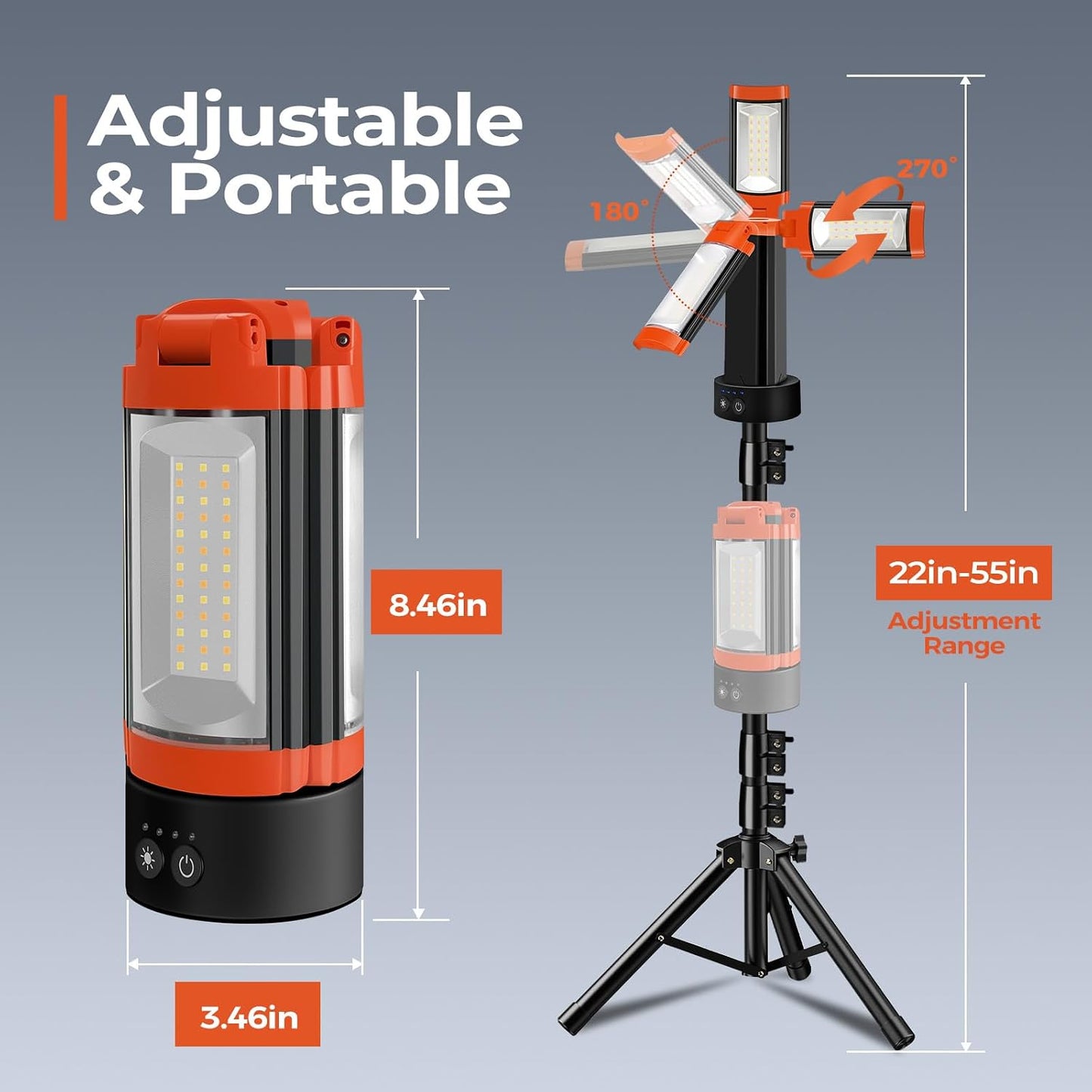 Rechargeable 12000mAh Camping Light with Adjustable Stand | Cordless Work Light with 3 LED Lamp Heads, 2200 Lumens Dimmable Magnetic Emergency Flashlight with Detachable Tripod, Orange