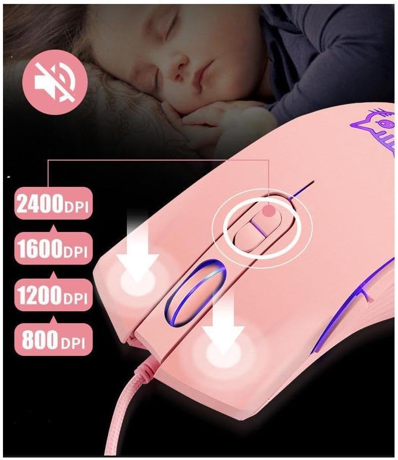 Gaming Wired USB Mouse, 2400DPI 4 Adjustable Levels, Ergonomic Slient Mouse for PC/Desktop/Laptop - Pink Cat